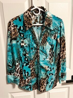 CACHE Vintage Embellished Button Down Blouse in Aqua Teal Leopard size L